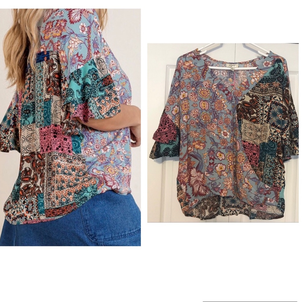 Mixed Print Crossbody Top with Scoop Hem